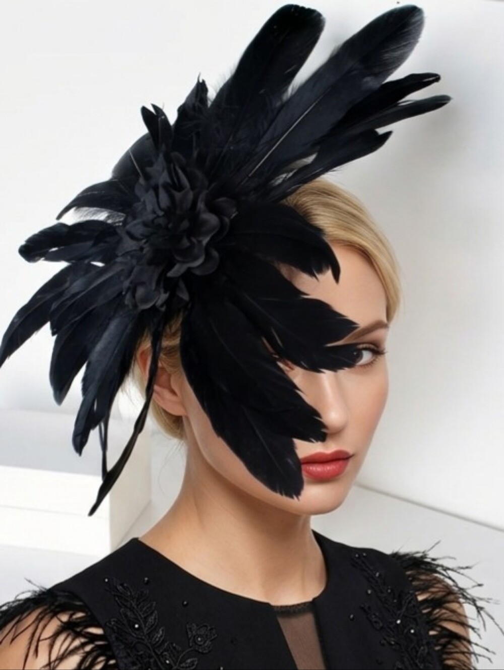 Beloved Millinery Couture Exquisite Elegant Big Black FeathersFlower Fascinator